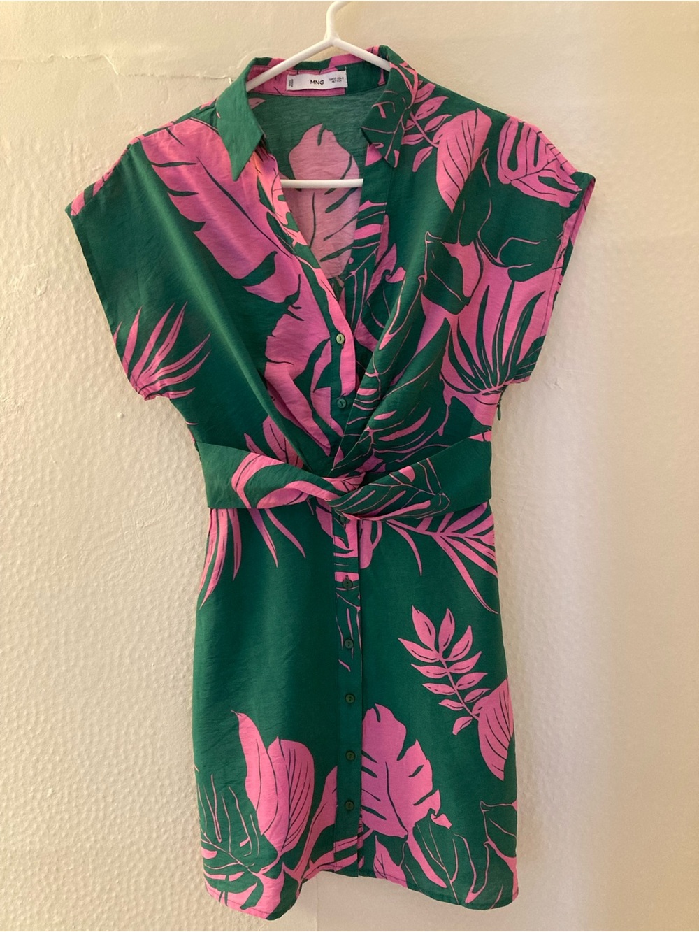New Mango Green Dress with Pink Floral Print